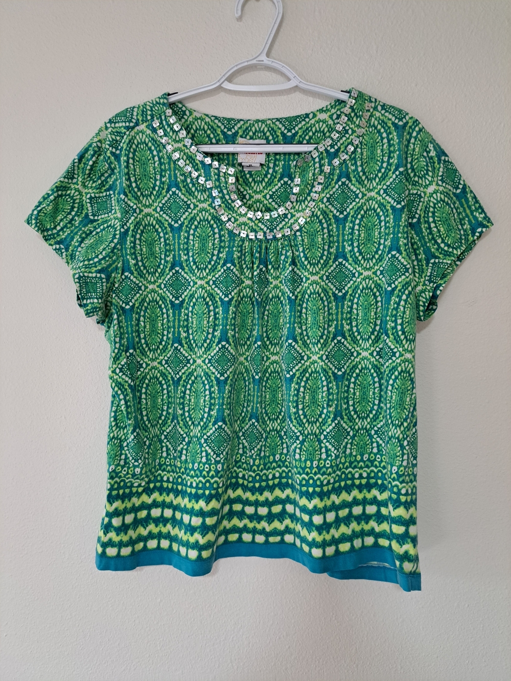 Ruby Rd. Green Patterned Short-Sleeve Top with Beaded Neckline